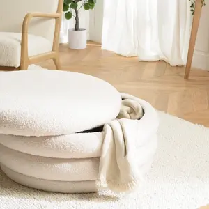 Leopold - pouf l en tissu bouclette écru avec rangement