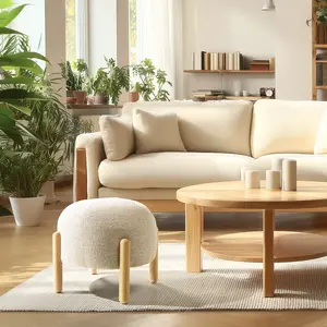 Macabane - Pouf en tissu effet laine beige et pieds bois OS pas cher