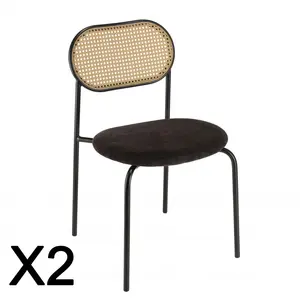 MACABANE Lea - lot de 2 chaises assise tissu noir dossier effet cannage et métal
