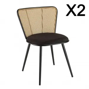MACABANE LEA - Lot de 2 chaises assise tissu noir large dossier effet cannage
