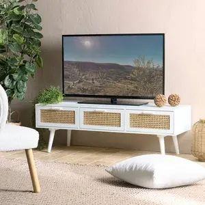 MACABANE SANDRO - Meuble TV blanc 3 tiroirs cannage naturel pas cher