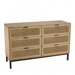 Macabane - marceau - Commode 6 tiroirs cannage naturel pieds métal noir