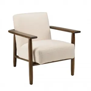 MACABANE Gaston - Fauteuil tissu bouclette écru structure et accoudoirs en bois