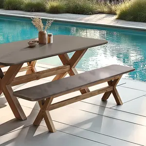 Macabane Nestor - banc 200x40cm effet béton marron pied en bois d'acacia pas cher