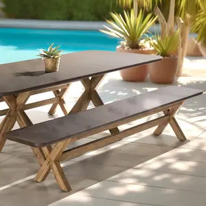 Macabane Nestor - Banc 240x40cm Effet Béton Marron Pieds En Bois D'Acacia