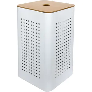 Panier à linge avec couvercle en bois - Blanc / Naturel Gelco Design pas cher