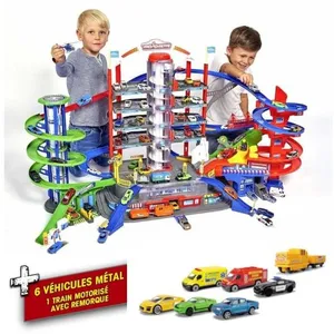 Garage Super City Majorette avec 5 véhicule et 1 train - 7 niveaux - 128 x 78cm pas cher