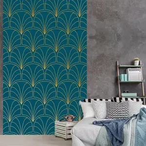 PLAGE Papier peint intissé panoramique 250 cm x 150 cm, motif éventail doré sur fond bleu foncé.Vendu paramazon