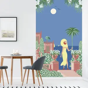 PLAGE Papier Peint Intissé 250 cm X 150 cm - Paysage des Îles avec Femme en Bleu et Vue sur Mer - Motif Grec.Vendu paramazon