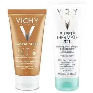 Vichy Capital Soleil Crème Onctueuse Protectrice SPF50+ 50ml + Pureté Thermale Lait Démaquillant Intégral 3 en 1 100ml Offert pas cher
