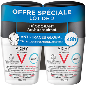 Comparateur de prix : Vichy Homme Déodorant Anti-Transpirant 48H Anti-Traces Roll-On 2x50Ml