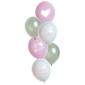LE GEANT DE LA FETE Ballon latex Baby Shower fille rose, blanc et argent métallique 30 cm (x6) REF/45833 pas cher