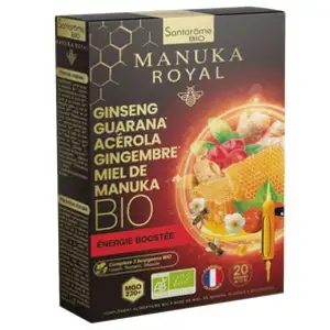 Comparateur de prix : Santarome Bio Ginseng Guarana Acérola Miel de Manuka Bio 20 ampoules