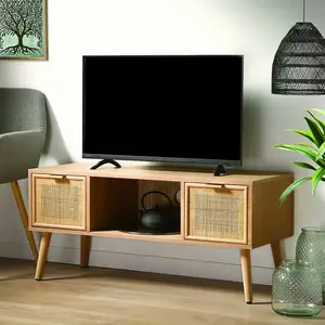 CASAME Meuble TV 2 tiroirs façades rotin - L100 cm - 42 cm X 45 cm X 100 cm - Casâme Bois Clair pas cher