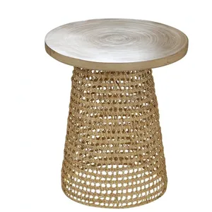 CASAME Calicosy Bout de canapé avec plateau en bambou beige et pied rotin pas cher