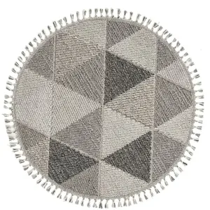 Calicosy Tapis rond gris à motifs triangles gris et franges - 160 cm pas cher