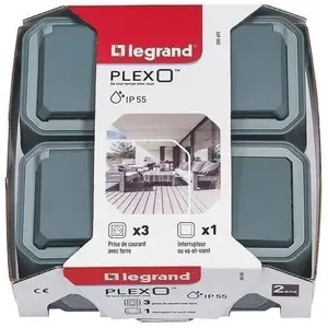 Comparateur de prix : Lot de 3 prises 2 pôles+terre et 1 interrupteur Legrand Plexo gris