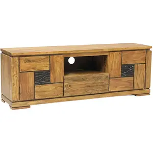 Bois et Chiffons - Meuble TV bois sculpté bicolore 160 cm 2 portes Acacia Maya T.U pas cher