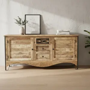 Bois & Chiffons - Buffet 2 portes 3 tiroirs Manguier Pondicherry Beige... pas cher