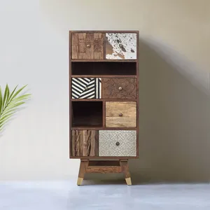 Chiffonnier multi-matériaux peau de vache bois sculpté Manguier Terranova pas cher