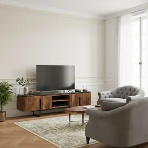 Bois et Chiffons - Grand meuble TV plateau marbre noir Manguier Kfir T.U pas cher