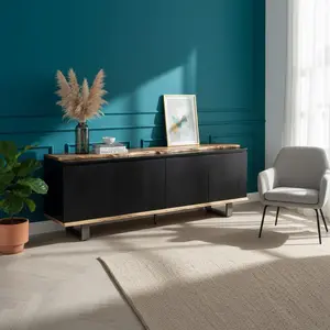 Bois & Chiffons - Buffet 4 portes Acacia Black II noir - 200x42x72 cm ... pas cher