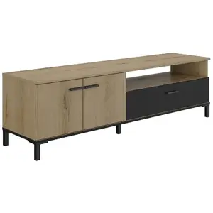 Comparateur de prix : GAMI Banc tv effet bois chêne 2 portes 1 tiroir long 160cm poignées noires
