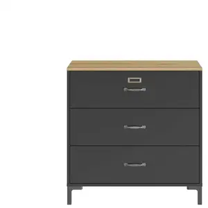 Commode 3 tiroirs MANCHESTER coloris noir uni et imitation chêne helvezia pas cher