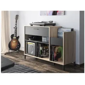 Comparateur de prix : GAMI VENTE-UNIQUE Meuble Vinyles JAZZY - Avec Rangements - Chêne et Noir