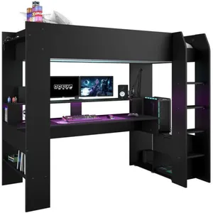 Lit Mezzanine Enfant 90x200 Cm Avec LED Et Rangements - Bureau Intégré, échelle Pratique, Pin Naturel