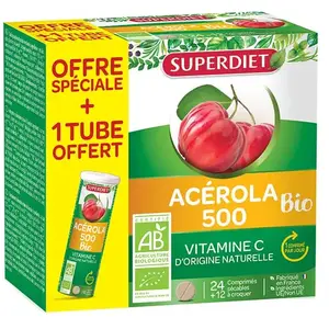 Superdiet Acérola Bio 500 24 comprimés + 12 comprimés offerts pas cher