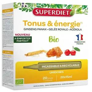 Comparateur de prix : SUPERDIET Ginseng Gelée Royale Acérola BIO - 20 Unidoses de 15 ml