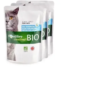 Comparateur de prix : Emincés bio au saumon pour chat adulte - 22x100g - ÉQUILIBRE & INSTINCT