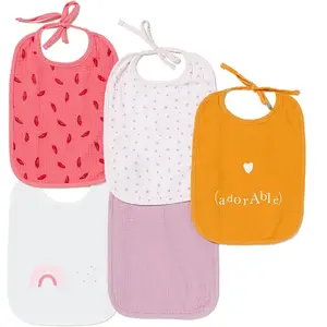 MAÏKA Lot de 5 bavoirs 2ème âge doublure éponge rose jaune ecru mauve pas cher