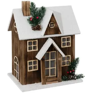 FEERIC LIGHTS & CHRISTMAS Déco Lumineuse Maison enneigée en bois LED Blanc chaud H 33 cm pas cher