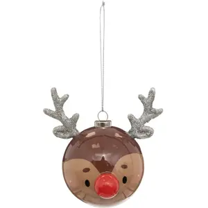 Déco Sapin Boule de Noël D 6.5 cm Renne avec Nez Rouge