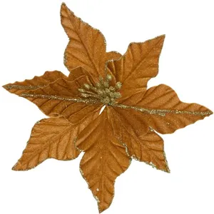 Déco de Noël Fleur de Poinsettia Marron et Doré pailleté 20 x 20 cm
