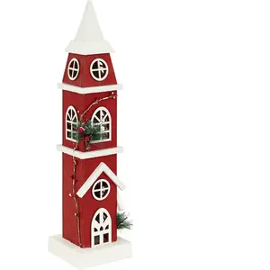 Déco Lumineuse Clocher enneigé en bois rouge 8 LED Blanc chaud H 48 cm pas cher