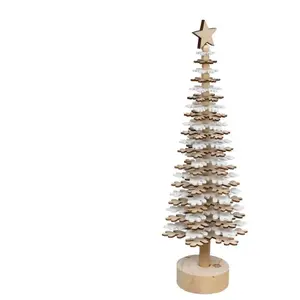 Sapin de Noël en Bois forme Flocon Blanc et Naturel H 40 cm pas cher