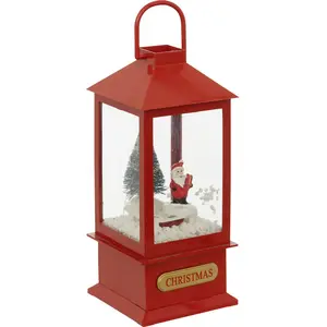 Déco lumineuse Lanterne Rouge avec Père Noël et Sapin 4 LED H 20 cm pas cher