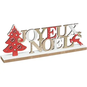 Objet déco Joyeux Noël en bois avec un Sapin rouge L 34 cm pas cher