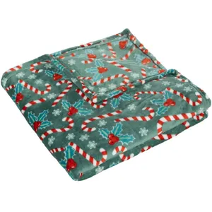 Plaid motif Houx et Cannes à sucre de Noël Vert et Rouge 130 x 180 cm pas cher