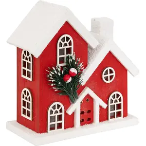 Déco Lumineuse Maison enneigée en bois rouge 6 LED Blanc chaud H 16 cm pas cher