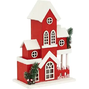 Déco Lumineuse Maison enneigée en bois rouge 14 led Blanc chaud h 34.5... pas cher