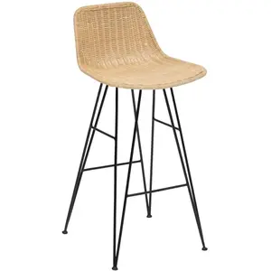 3S. x Home Chaise Tabouret de bar en Rotin naturel et Pieds en acier Noir pas cher