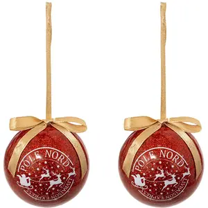Feeric Light & Christmas Déco Sapin Lot de 2 Boules de Noël Rouge pailleté et timbre Pole Nord D 6 cm