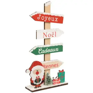 Pancarte de Noël en Bois enneigé Rouge Vert et Naturel H 29.5 cm pas cher