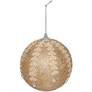 Déco Sapin Boule de Noël D 10 cm Beige pailleté et broderies pas cher