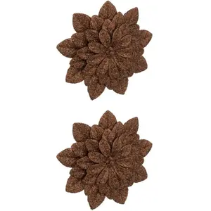 Déco de sapin Lot de 2 Fleurs marron pailleté pas cher