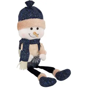 Déco de Noël Bonhomme de neige assis Beige et Bleu pailleté H 45 cm pas cher